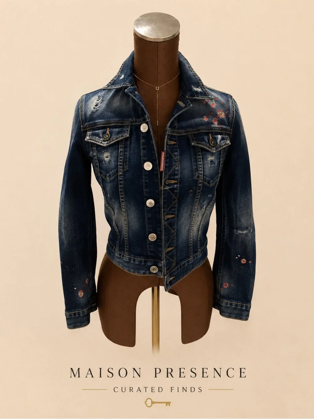DSQUARED2 Dark Indigo Jean Jacket with Pink Embroidered  Details